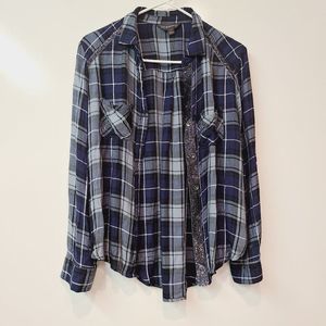 Rock & Republic Shirt Blue Plaid Flannel Metallic Trim Button Up Long Sleeve XS